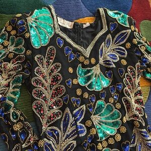 Vintage Lawrence Kazar silk beaded evening top, full zip up back, medium